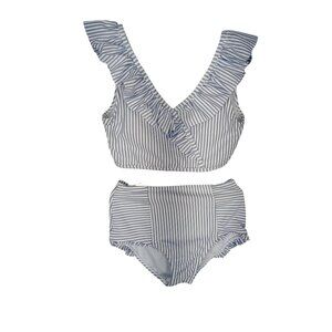 Ruffle Butts Tween Girl Striped Blue & White Ruffle Bikini Set For Girls Size 10